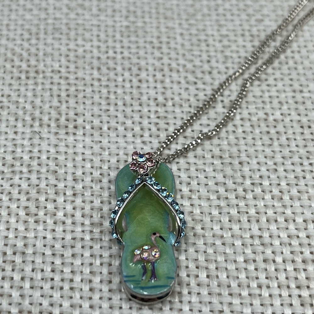 Vintage Sterling Silver Flip-Flop Pendant Necklace with Flamingo & Crystals, 18” - Picture 6 of 15
